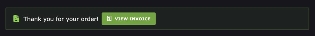 Screenshot of a "completed" order notification, saying "Thank you for your order!", including a link to the invoice,