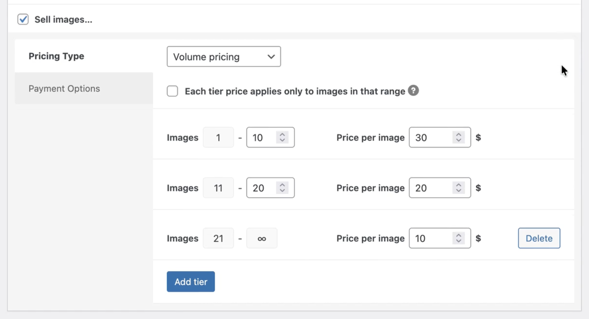 Screenshot of settings for pricing type "Volume Pricing" that we are working on right now.