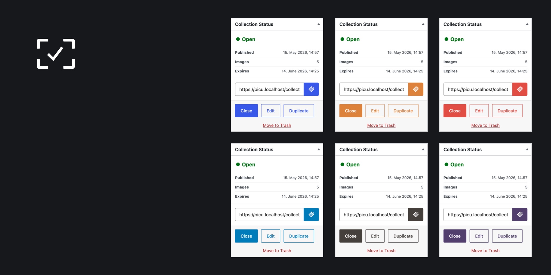 A graphic with six screenshots of our "publish" metabox in picu collections, showing the different color schemes of WP in use.